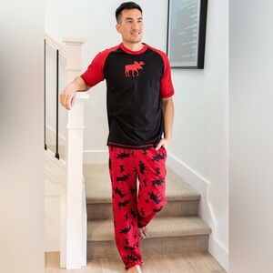 Lazy One Red Black Moose Pajama Set 100% Cotton Unisex Man Woman Small PJs